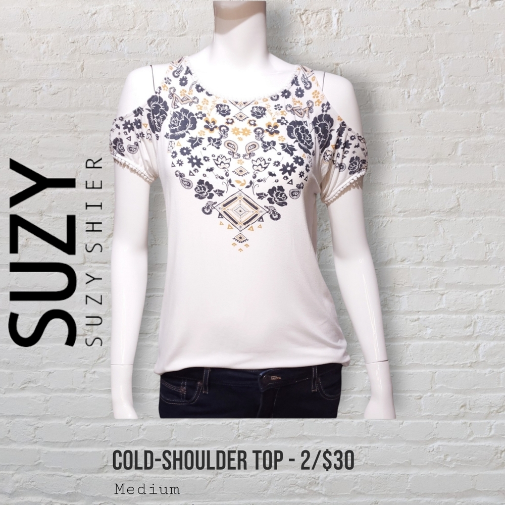 Suzy Shier White Floral Cold-Shoulder Rayon Top